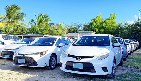 Several white economy car rental cars parked, and awaiting airport terminal car rental pickup at the Montego Bay Airport, Falmouth Port, Ocho Rios Port and Montego Bay Port.